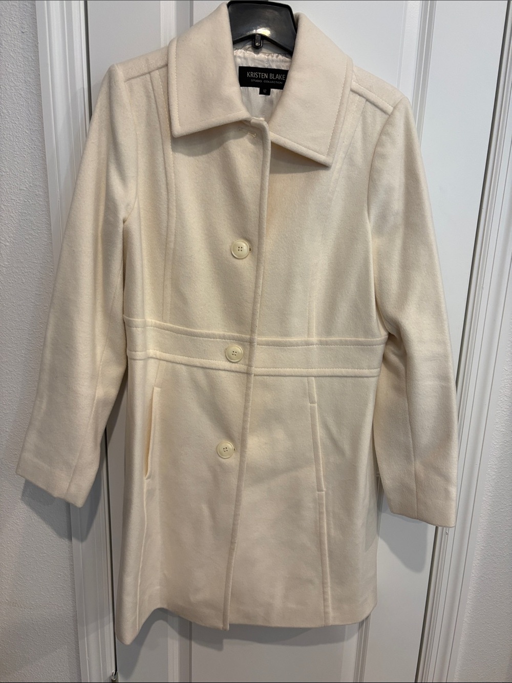 Kristen Blake Cream Single-Breasted Wool-Blend Coat Sz 12